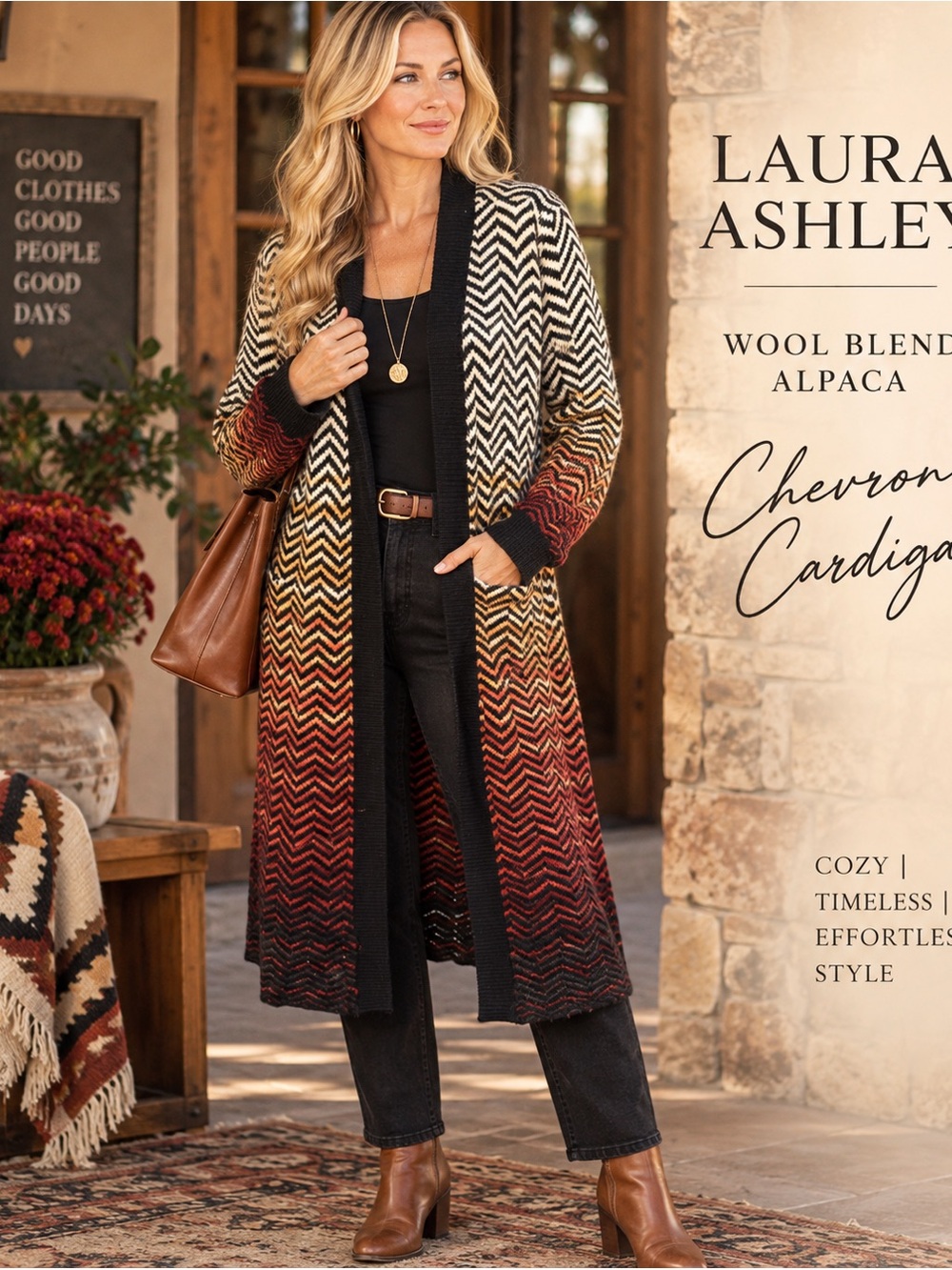 Laura Ashley 1X Wool Blend Alpaca Ombré Chevron Long Cardigan Duster